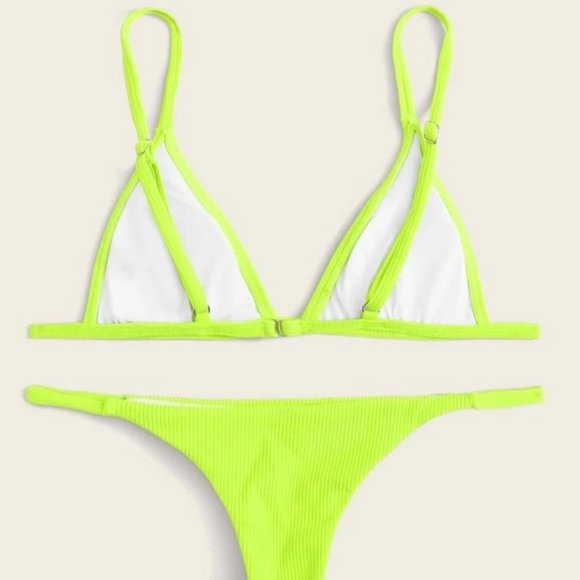 Neon Lime Ribbed Triangle Bikini Swimsuit-NWT - Picture 4 of 6